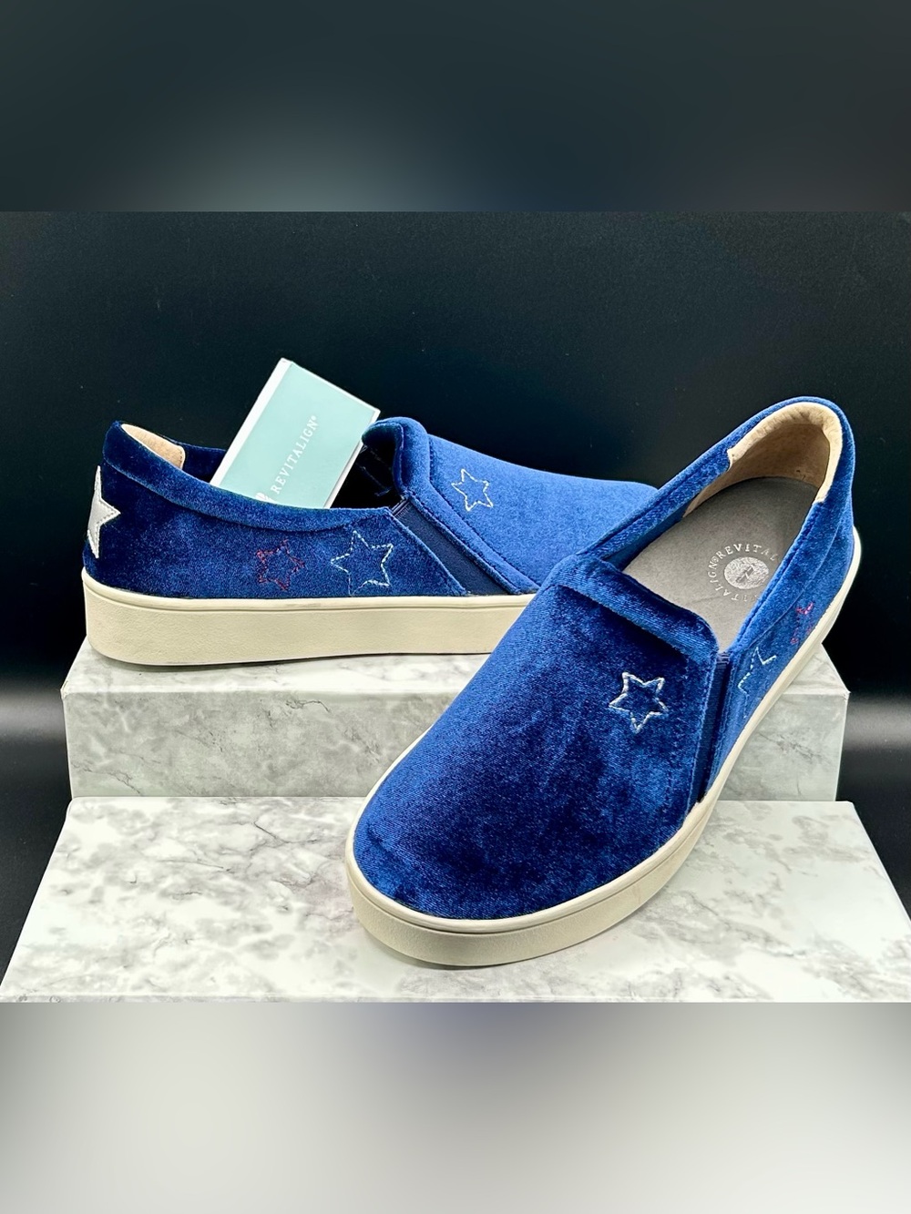 REVITALIGN Velveteen Slip-On Navy Blue Sneakers - Embroidered stars. Size 9.5 D